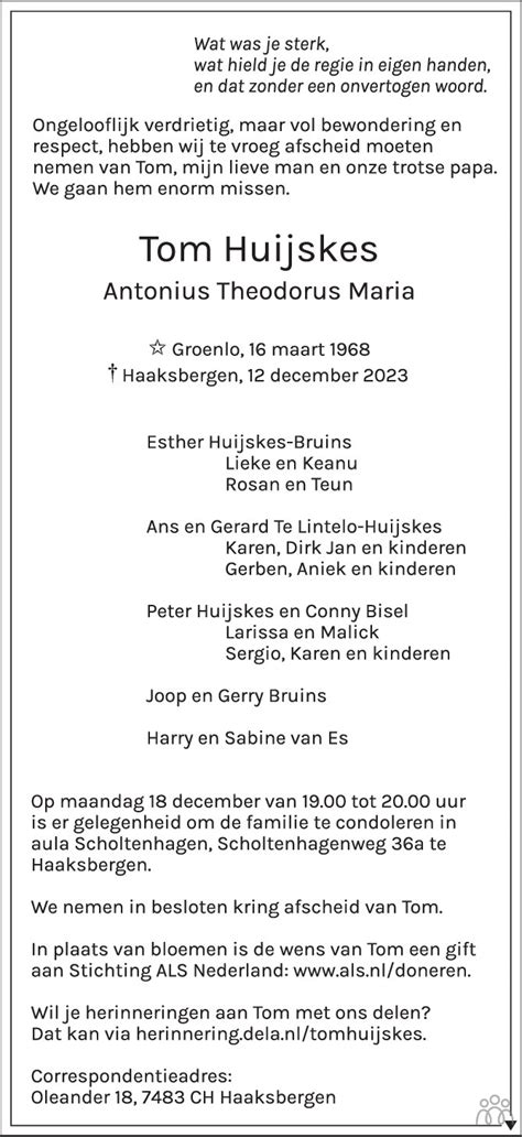 Tom Antonius Theodorus Maria Huijskes 12 12 2023 Overlijdensbericht