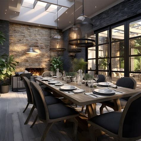 A Dining Room With A Large Wooden Table Surrounded By Black Chairs