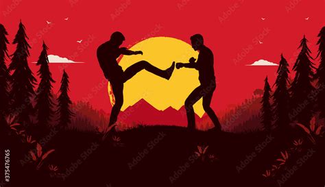 Fighting outside - Two people fight in dramatic landscape with blood ...