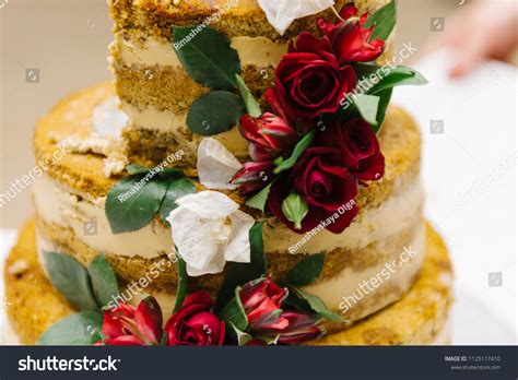 Wedding Outdoor Naked Cake Burgundy Flowers Stock Photo Shutterstock