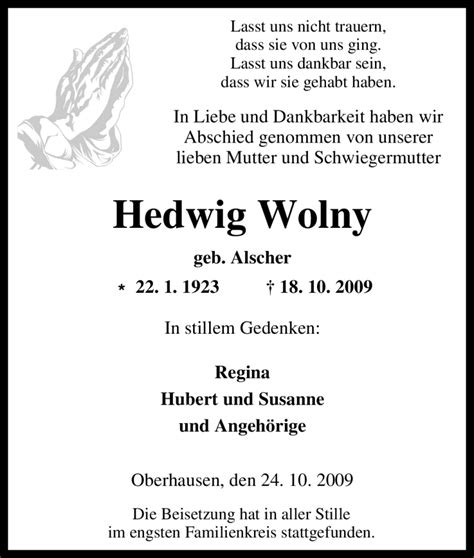 Traueranzeigen Von Hedwig Wolny Trauer In Nrw De