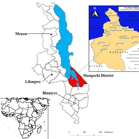 Map of Malawi showing Mangochi District (red), Lake Malawi blue), and ...