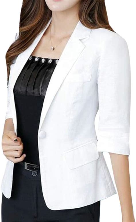 Grmo Women 3 4 Sleeve Cotton Linen Summer Solid Formal Work Blazer