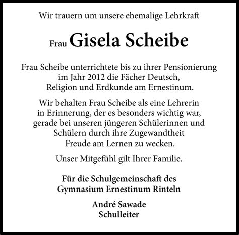 Traueranzeigen Von Gisela Scheibe Trauer Anzeigen De