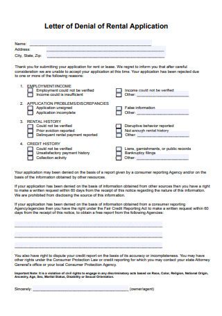 Sample Rejection Letter For Rental Applications In Pdf Ms Word