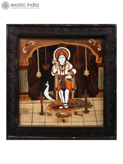 20" Standing Lord Kartikeya | Natural Color On Wood Panel With Inlay ...