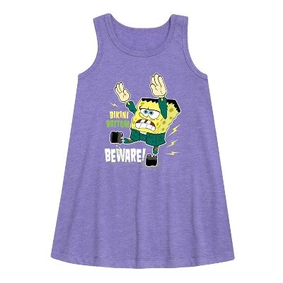 Girls Spongebob Squarepants Bikini Bottom Beware Graphic Sleeveless Aline Dress Purple
