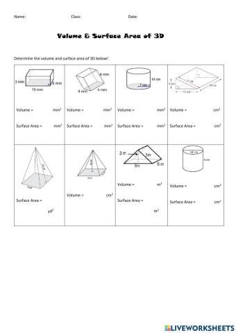 Volume And Surface Area Of D Shapes Worksheet Live Worksheets