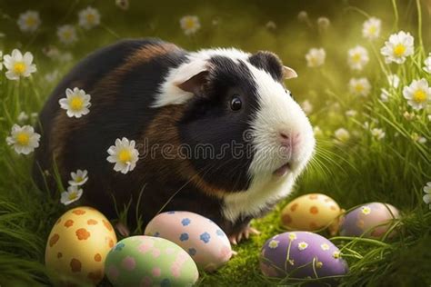 Cute Guinea Pig Is Sitting Between Many Easter Eggs Stock Illustration