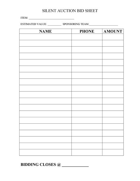 Silent Auction Bid Sheets Pre Printing Chinese Auction Sign Up