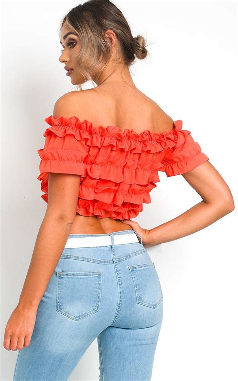 Cece Off Shoulder Ruffle Crop Top In Coral Ikrush