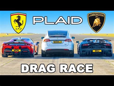 Tesla Model X PLAID V Ferrari SF90 V Lambo SVJ DRAG RACE YouTube