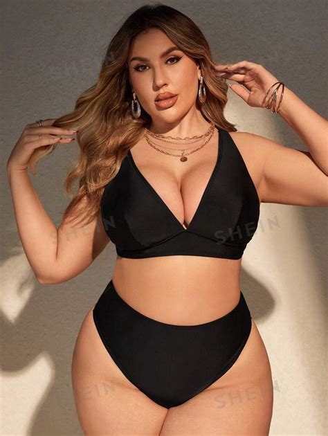 SHEIN Swim Curve Summer Beach Plus Size Solid Color Backless Knot Detail Bra Bikini Set Bottom