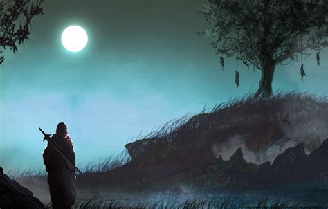 Dark Moon Sword Grass Fantasy Nature Warrior Night