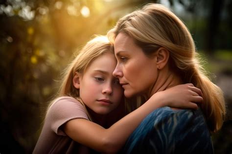 Premium Photo Loving Mother And Daughter Embrace In A Scenic Outdoor Setting Generative Ai