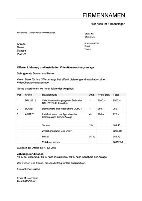 Kostenlose Offerten Vorlage für Word Excel