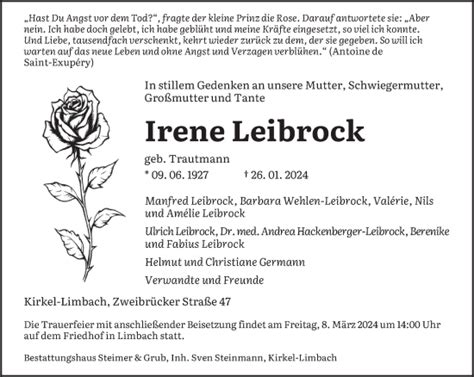 Traueranzeigen Von Irene Leibrock Saarbruecker Zeitung Trauer De