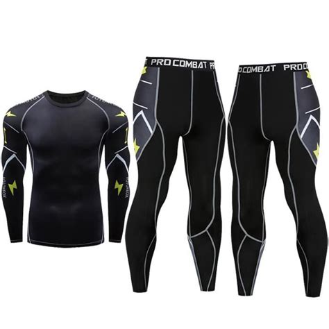 Ensemble De Compression Homme 2 Pièces Maillot Manches Longues And Collant Fitness Respirant