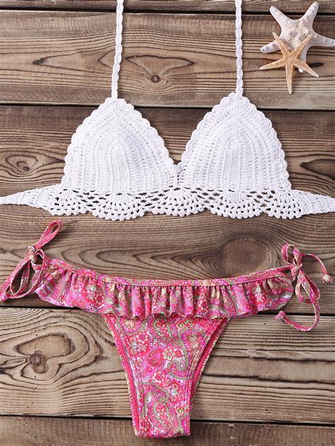 Off Halter Tribal Print Lace Up Crochet Bikini Set Rosegal