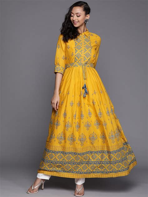 Buy Biba Women Mustard Yellow And Blue Ethnic Motifs Printed Pure Cotton