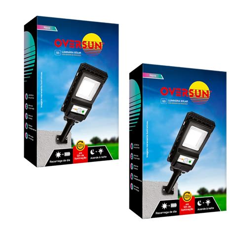 KIt 2 Luminárias Solar 100w Potente Led Branco Frio Poste Preta OverSun