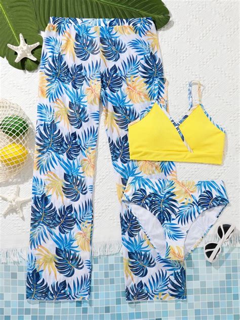 Teen Girls Tropical Print Bikini Swimsuit With Cover Up Pants Shein Uk