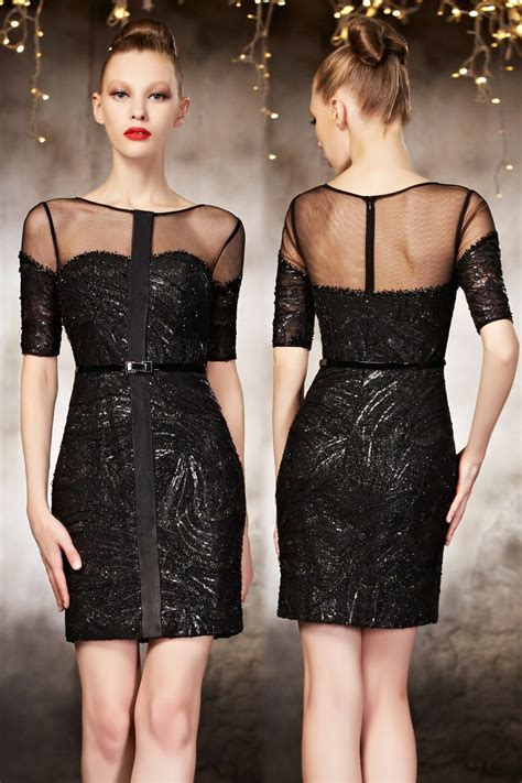 Robe Soir E Fourreau Noire Encolure Transparente En Sequin