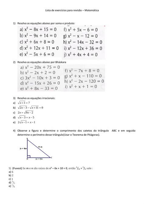 Pdf Lista De Exerc Cios Para Revis O Matem Tica Resolva As Pdf