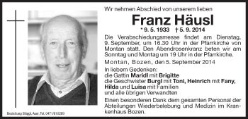 Traueranzeigen von Franz Häusl Trauer bz