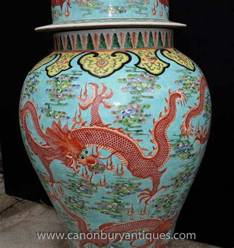 Pair Big Chinese Ming Porcelain Dragon Urns Vases Lidded Ceramic