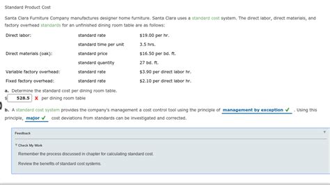 Solved Standard Product Cost Santa Clara Furniture Company Chegg