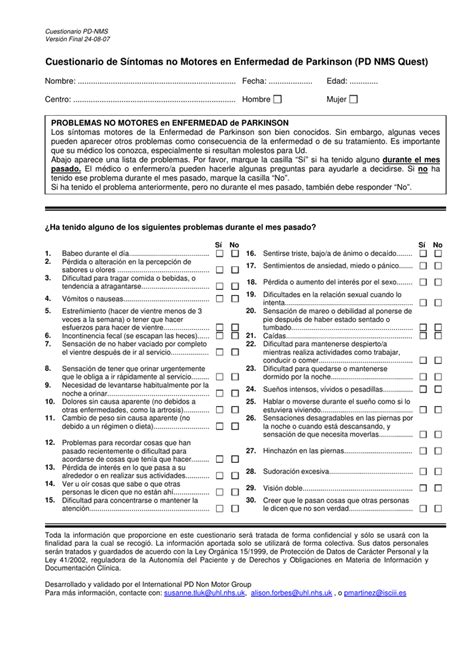 Cuestionario De Síntomas No Motores En Enfermedad De Parkinson