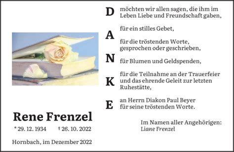 Traueranzeigen Von Rene Frenzel Saarbruecker Zeitung Trauer De