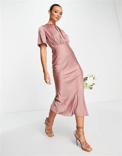 Asos Design Bridesmaid Satin Midi Dress With Flutter Sleeve And Open Back In Toffee Pink