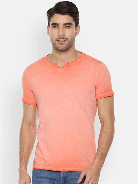 Buy People Men Peach Coloured Dyed Round Neck Pure Cotton T Shirt Tshirts For Men 10512482