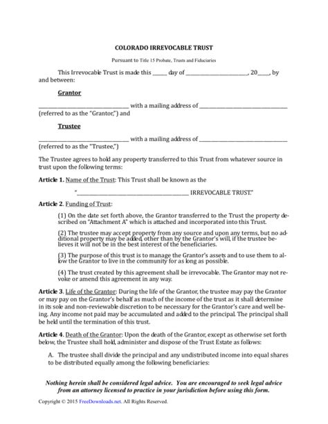 Download Colorado Irrevocable Living Trust Form Pdf Rtf Word