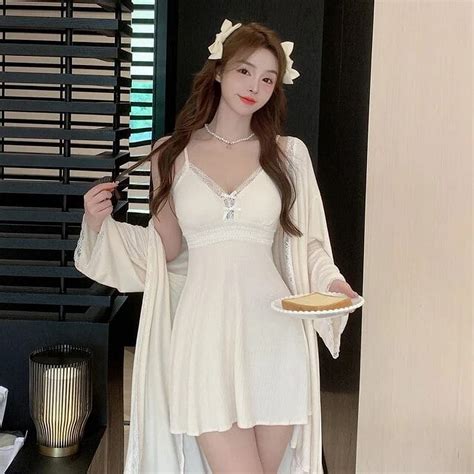 Kukuzhu Pcs Sexy Lace Lingerie Modal Nightgowns Robes Sets For Women