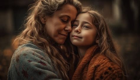 Premium Ai Image A Mother And Daughter Embrace Smiling In The Autumn Nature Generated By Ai