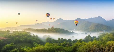 Premium AI Image A Colorful Hot Air Balloon Floats Over A Misty Valley