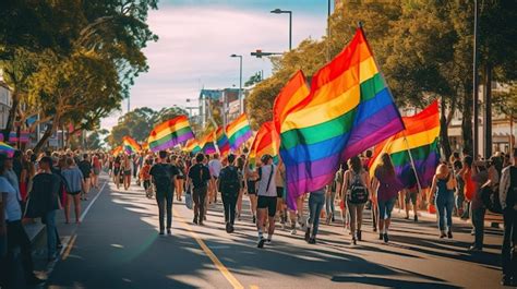 Uma multidão bandeiras de arco íris lgbt Foto Premium