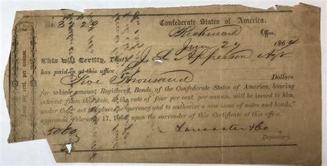 1864 5000 Confederate States Of America Bond Receipt Richmond VA