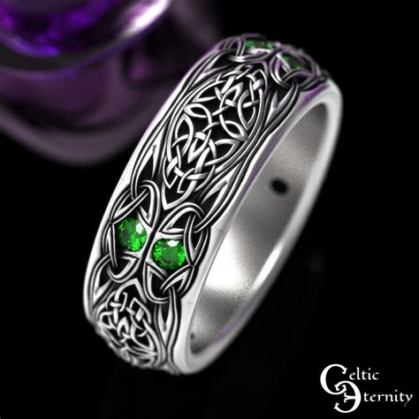 Emerald Knotwork Ring Mens Sterling Silver Wedding Band Emerald