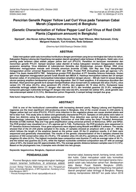 Pdf Pencirian Genetik Pepper Yellow Leaf Curl Virus Pada Tanaman Cabai Merah Capsicum Annuum