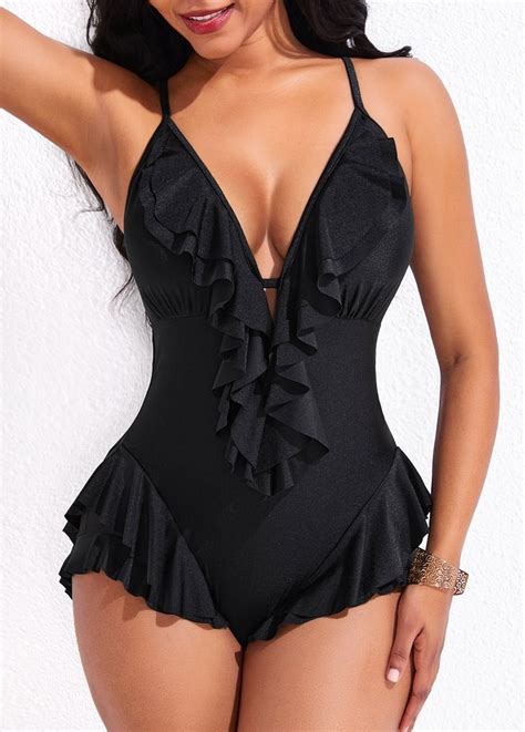 Ruffle Black Tie Back One Piece Swimwear Modlily Usd