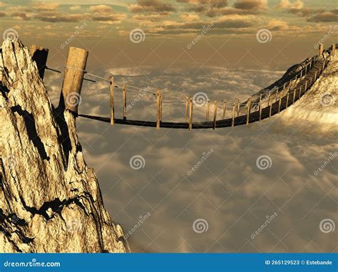 Wooden Suspension Bridge between Two Rocky Elevations at a Great Height ...