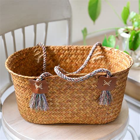 Straw Woven Basket With Handle Oval Storage Basket Etsy