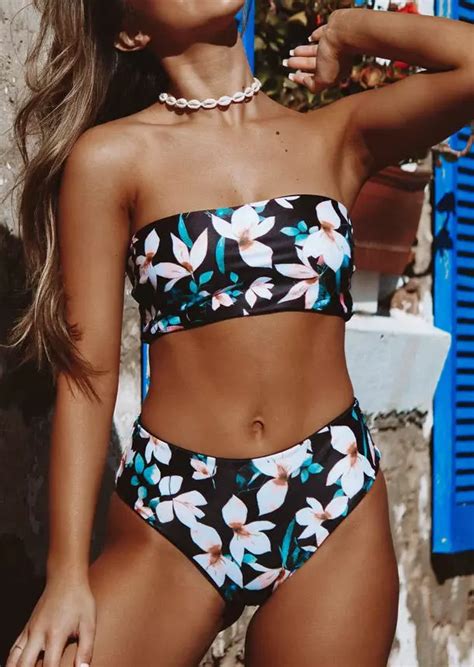 Floral Strapless Bandeau Reversible Bikini Set Black Bellelily