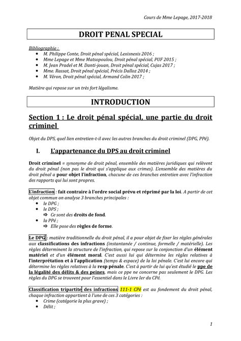 Droit pénal spécial Cours dispensé en M1 carrières judiciaires