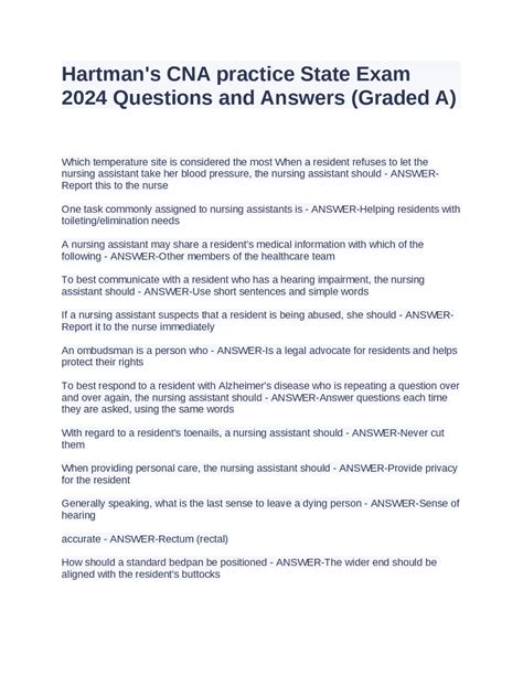 Hartman S CNA Practice State Exam 2024 Questions And Answers Graded A