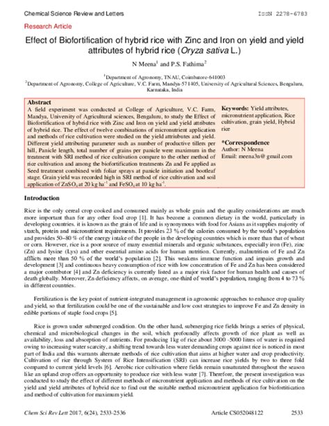 Pdf Effect Of Biofortification Of Hybrid Rice With Zinc And Iron On Yield And Yield Attributes